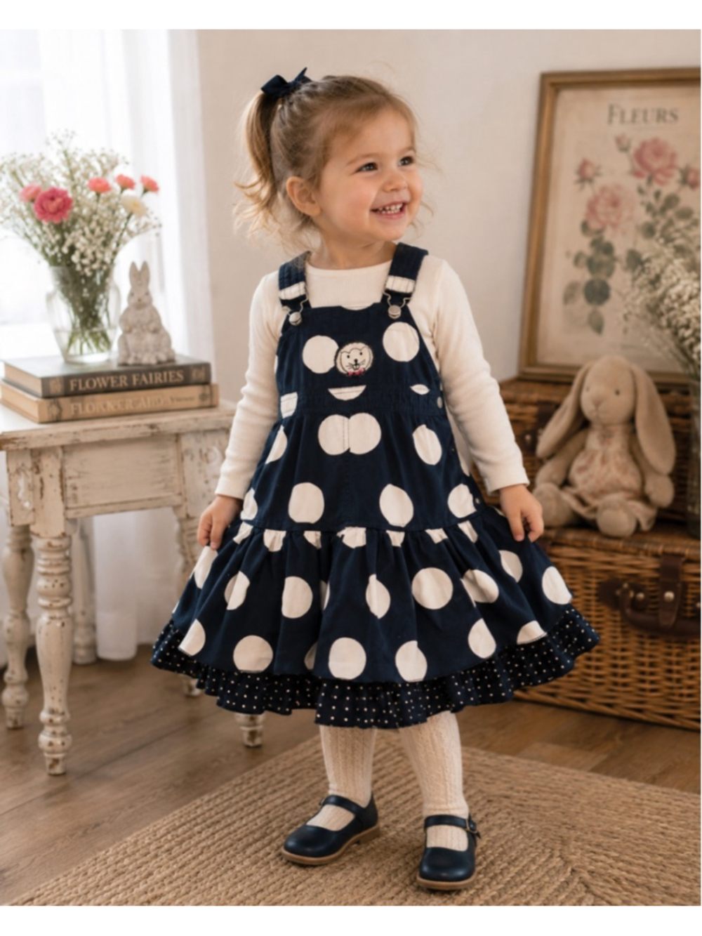 Mim-Pi Girls Polka Dot Pinafore Jumper Dress Navy White Size 2 Years
